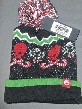 Black Knit Pom Beanie with Red & Green Holiday Skulls